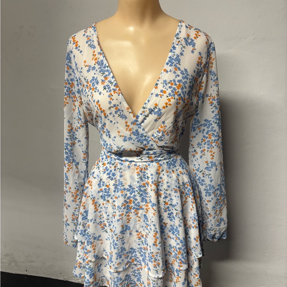 Floral Wrap Dress in Blue and Orange